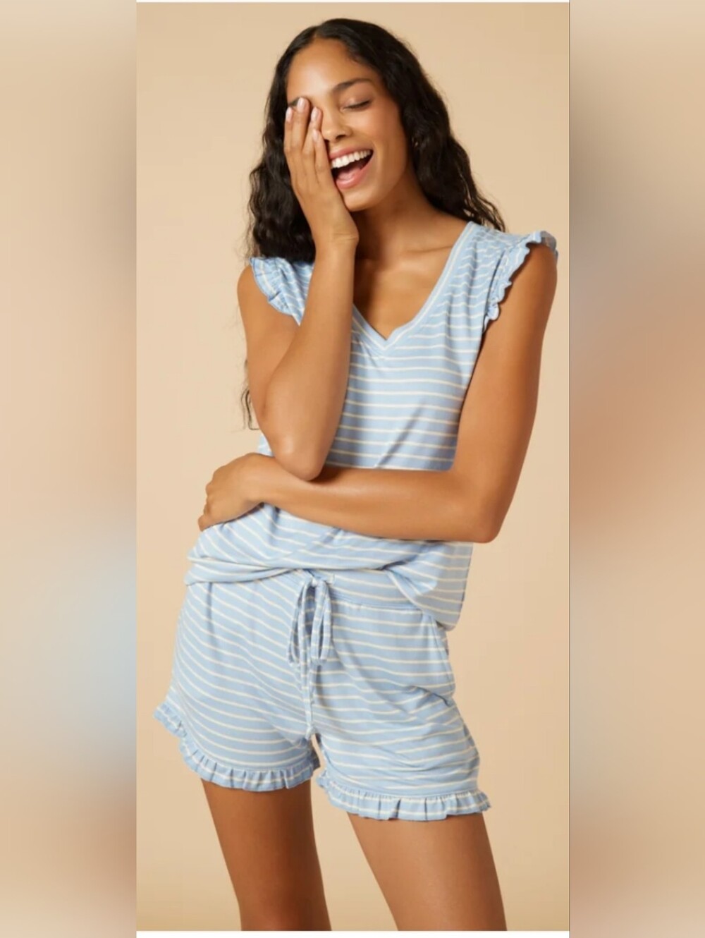 Softies FIRE! NWT! Dream Ruffle Top & Short Set in Sky Blue Stripe. Sz XS. R2S!